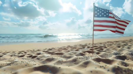 American flag on the sand beach. 3d render concept for travel and tourismの素材