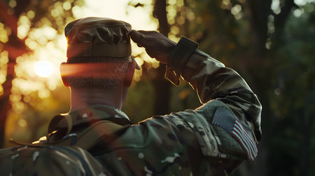 Soldier saluting in the forest at sunset, close-upの素材