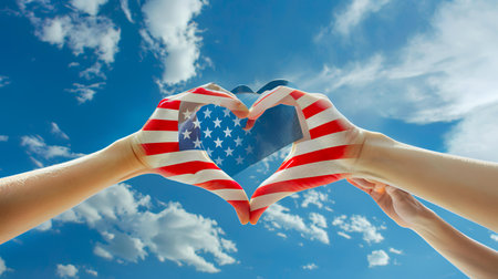 Hands making heart shape with american flag on blue sky backgroundの素材