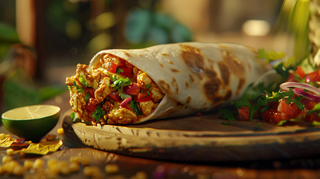 Tortilla wraps with chicken and vegetables on a wooden background.の素材