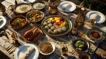 Traditional oriental table setting with lamb meatballs, rice and vegetablesの素材