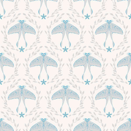 Cozy floral damask seamless pattern. Light beige and blue butterfly. Vector gray branches with leaves modern farmhouse. . Vector illustrationの写真素材
