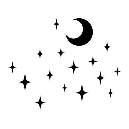 Black vector stars and moon. Minimal sparkles isolated on white. . Vector illustrationのイラスト素材