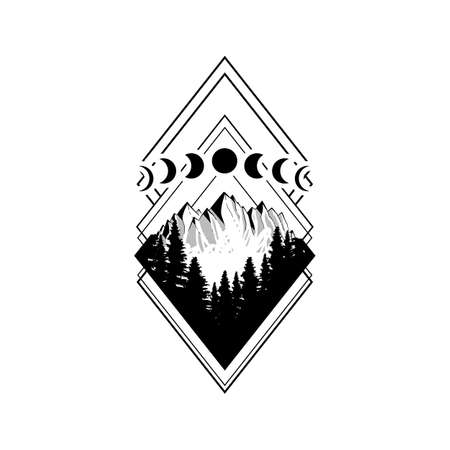 Wanderlust adventure travel rhombus icon. Diamond mountains and forest black on white. Vector illustration. . Vector illustrationのイラスト素材