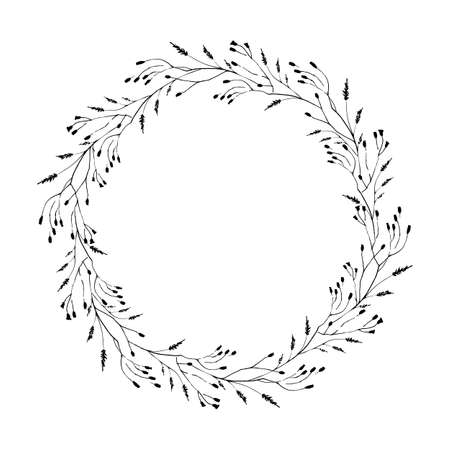 Floral background. Botanical vector frame. Leaves hand drawn frame. Delicate floral wreath illustration. Line drawing vector branches, plants, herbs. Leaf logo. Wedding invitation stationary. Vector illustrationのイラスト素材