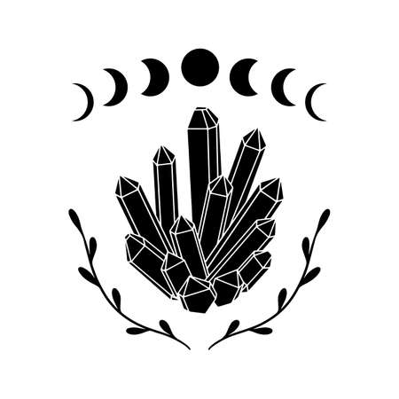 Mystical crystal with moon and branches. Hand drawn astrology symbol. For print for T-shirts and bags. Mystical and magical, astrology illustration. . Vector illustrationのイラスト素材