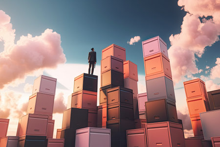 Ambitious Businessman Climbing Boxes to the Top - Multilayer Paper Art with Sunny Sky Background, Generated by AIの素材