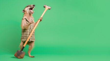cute little meerkat with a shovel on a green backgroundの素材