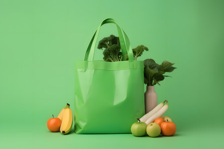 Eco-bag with products on a green background, healthy lifestyleの素材