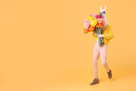 funny and stylish llama holding bouquet of flowers on yellow backgroundの素材