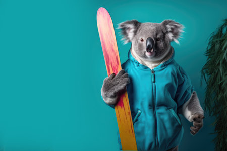koala in hoodie holds a snowboard on a blue backgroundの素材