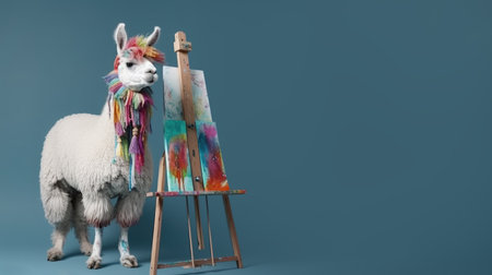 Llama artist near the easel on a blue backgroundの素材