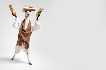 Llama hipster holding baguettes on a white backgroundの素材