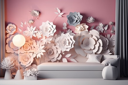 Layered paper white flowers in the living room, paper art, aesthetics, pink backgroundの素材