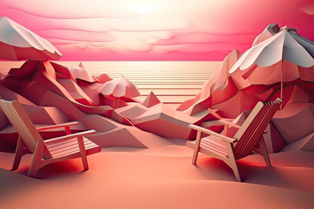Layered paper sun loungers on the beach, paper art aesthetics, red tonesの素材