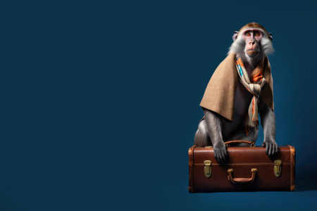 macaque in a scarf and with a suitcase on a blue backgroundの素材