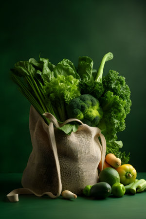mix of vegetables in an eco bag on a green background, healthy foodの素材
