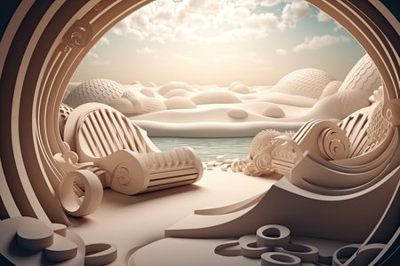 Multilayer paper sun loungers on the beach, paper art. sea view, aesthetics, sunny sky backgroundの素材