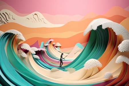 Multilayer paper surfer on wave doing trick, paper art. summer colors, dreamy sky backgroundの素材
