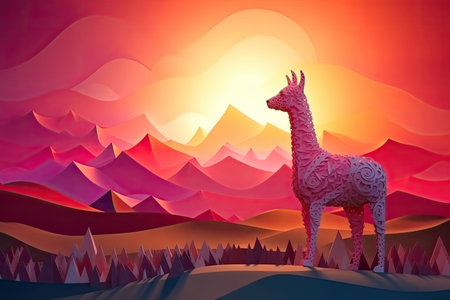 multilayer paper. Lama standing at sunset. summer colors, abstract art, dreamy sky background, illustrationの素材