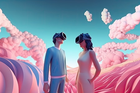 Multilayer paper, Women and man, pare, in Virtual Reality glasses, pink tones, sky background. Illustrationの素材