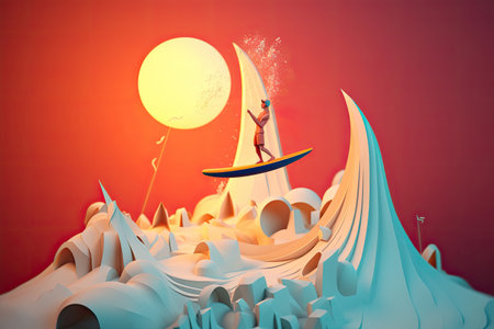 Multilayer paper surfer on wave doing trick, paper art. summer colors, dreamy sky backgroundの素材