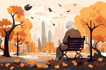 elderly woman with dementia sitting on a park bench in autumn, cartoonの素材