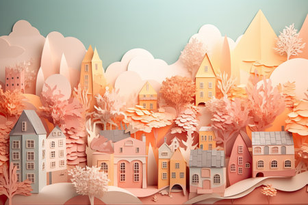 Multi-layered paper village, aesthetic. paper art. summer colors, dreamy sky backgroundの素材