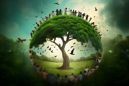 multiracial people hold hands around earth globe, earth day, concept, fantasyの素材