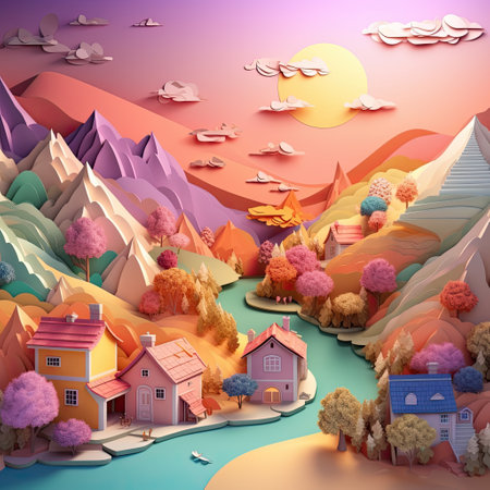 Multi-layered paper village, aesthetic. paper art. summer colors, dreamy sky backgroundの素材
