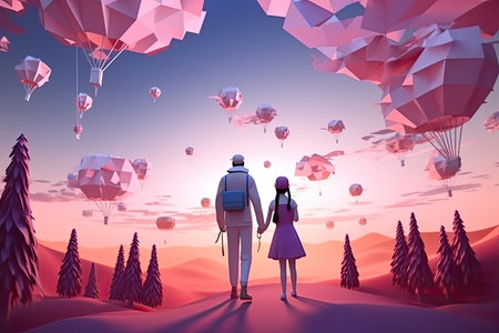 Multilayer paper art of a couple in VR glasses walks into sunset, pink sky background. Illustrationの素材