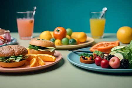 Plates with organic products and fast food. Diet decision concept and nutritionの素材