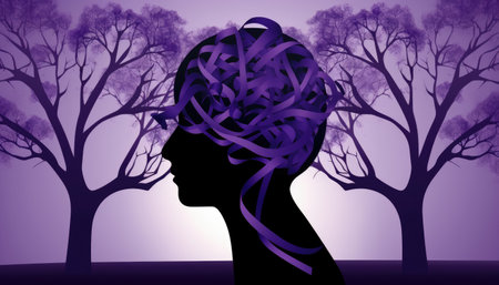 purple ribbon, purple background, illustration, brain, human silhouette, alzheimer's disesaseの素材
