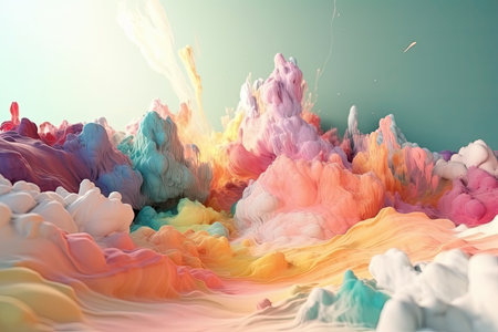 splatter of colorful paints on gentle clouds, bright light, abstract surreal art conceptの素材