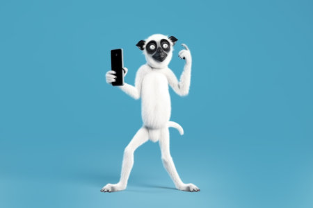 strange sifaka is holding a phone on a blue backgroundの素材