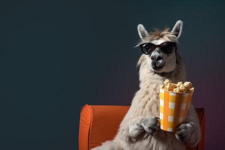 stylish llama hipster with popcorn in cinemaの素材