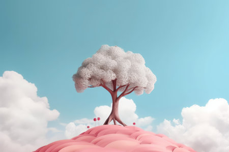 tree on the clouds. summer colors, dreamy sky background, abstract illustrationの素材