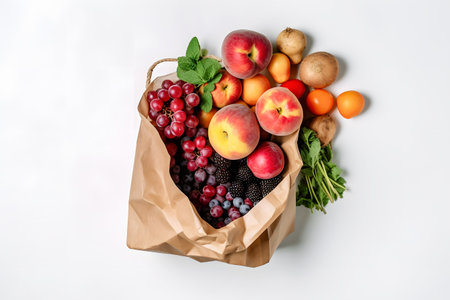 variety of fresh produce in a paper bag, white background, healthy food lifestyle, eco-friendlyの素材