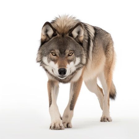 Portrait of a wolf in front of a white studio background.の写真素材