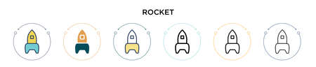 Rocket icon in filled, thin line, outline and stroke style. Vector illustration of two colored and black rocket vector icons designs can be used for mobile, ui, webのイラスト素材