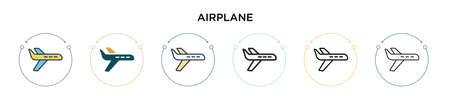 Airplane icon in filled, thin line, outline and stroke style. Vector illustration of two colored and black airplane vector icons designs can be used for mobile, ui, webのイラスト素材