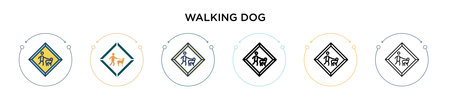 Walking dog sign icon in filled, thin line, outline and stroke style. Vector illustration of two colored and black walking dog sign vector icons designs can be used for mobile, ui, webのイラスト素材