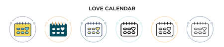 Love calendar icon in filled, thin line, outline and stroke style. Vector illustration of two colored and black love calendar vector icons designs can be used for mobile, ui, webのイラスト素材