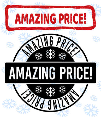 Amazing Price! stamp seals on winter background with snowflakes in clean and draft versions for New Year. Red vector rubber imprint with Amazing Price! text with dust texture in draft rectangle shape.のイラスト素材