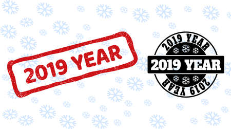 2019 Year stamp seals on winter background with snowflakes in clean and draft versions for Christmas. Red vector rubber imprint with 2019 Year text with unclean texture in draft rectangle shape.のイラスト素材