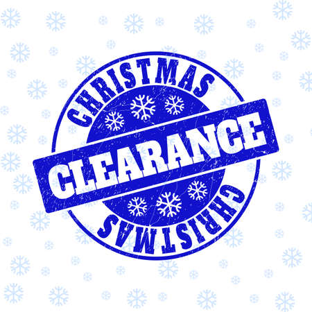 Christmas Clearance round stamp seal on winter background with snow. Blue vector rubber imprint with Christmas Clearance text with scratched texture for New Year.のイラスト素材