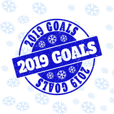 2019 Goals round stamp seal on winter background with snowflakes. Blue vector rubber imprint with 2019 Goals text with scratched texture for New Year. Scratched text seal print with corroded texture.のイラスト素材