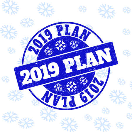 2019 Plan round stamp seal on winter background with snowflakes. Blue vector rubber imprint with 2019 Plan text with scratched texture for Christmas.のイラスト素材