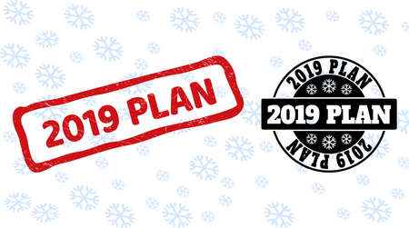 2019 Plan stamp seals on winter background with snowflakes in clean and draft versions for Xmas. Red vector rubber imprint with 2019 Plan text with scratched texture in draft rectangle shape.のイラスト素材