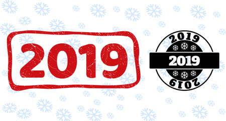 2019 stamp seals on winter background with snow in clean and draft versions for New Year. Red vector rubber imprint with 2019 text with dirty texture in uneven rectangle shape.のイラスト素材